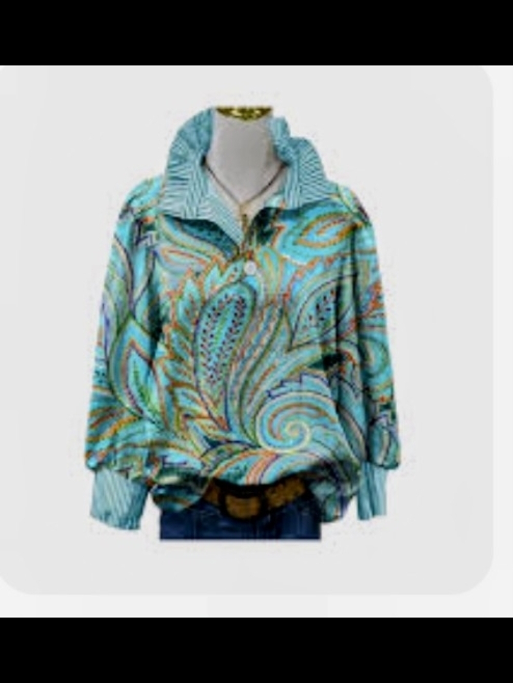 Vibrant Turquoise Paisley Long sleeve Blouse - Picture 2 of 5